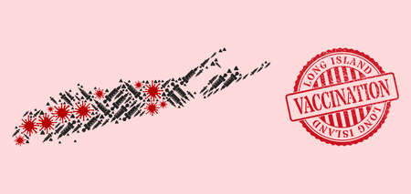 Vector collage Long Island map of flu virus, vaccination icons, and red grunge vaccination seal. Virus cells and vaccination particles inside Long Island map.のイラスト素材