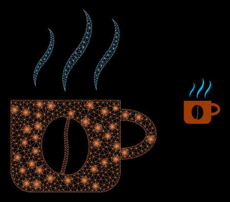 Glowing web mesh hot coffee cup with glowing spots. Illuminated vector 2d constellation created from hot coffee cup icon. Sparkle frame mesh polygonal hot coffee cup.のイラスト素材
