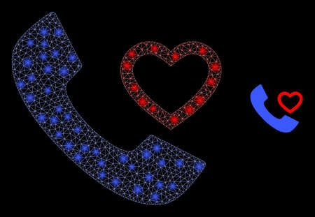 Glowing web mesh love phone receiver with lightspots. Illuminated vector 2d model created from love phone receiver icon. Sparkle frame mesh polygonal love phone receiver.のイラスト素材