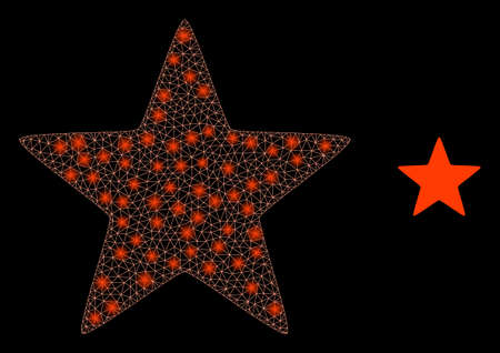 Glare web mesh red star with lightspots. Illuminated vector 2d model created from red star icon. Sparkle frame mesh polygonal red star. Linear frame flat mesh in eps10 vector format, lines,のイラスト素材