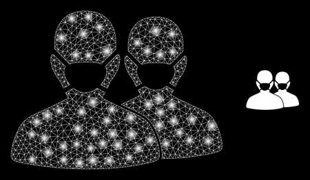 Glowing web mesh people with masks with light spots. Illuminated vector 2d constellation created from people with masks icon. Sparkle frame mesh polygonal people with masks.のイラスト素材