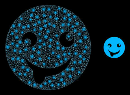 Bright web mesh idiot smiley with lightspots. Illuminated vector 2d model created from idiot smiley icon. Sparkle frame mesh polygonal idiot smiley. Linear frame 2D mesh in vector format, lines,のイラスト素材