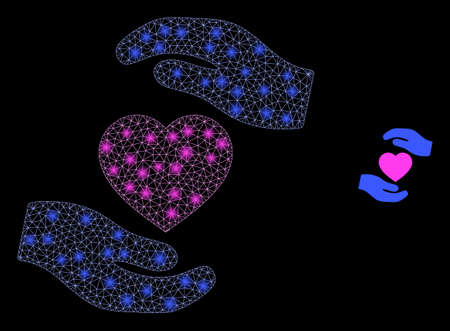 Glare web mesh favourite heart care hands with glowing spots. Illuminated vector 2d model created from favourite heart care hands icon. Sparkle frame mesh polygonal favourite heart care hands.のイラスト素材