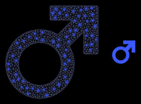Glare web mesh male symbol with glowing spots. Illuminated vector 2d model created from male symbol icon. Sparkle carcass mesh polygonal male symbol. Linear carcass 2D network in vector EPS format,のイラスト素材