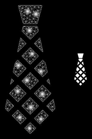Shiny web mesh checkered tie with glowing spots. Illuminated vector 2d model created from checkered tie icon. Sparkle carcass mesh polygonal checkered tie. Linear carcass 2D mesh in vector format,のイラスト素材