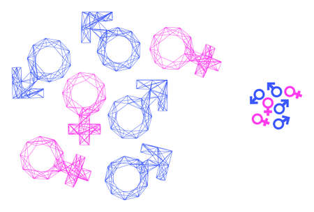 Web mesh gender symbols vector icon. Flat 2d model created from gender symbols pictogram. Abstract carcass mesh polygonal gender symbols. Wire carcass flat mesh in vector format,のイラスト素材
