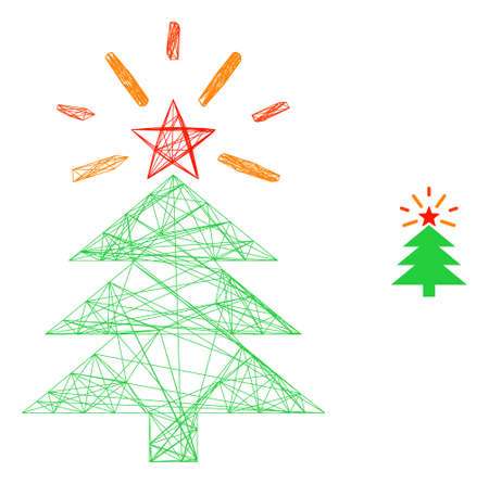 Web net shine Christmas tree vector icon. Flat 2d model created from shine Christmas tree pictogram. Abstract frame mesh polygonal shine Christmas tree. Net frame flat mesh in vector format,のイラスト素材
