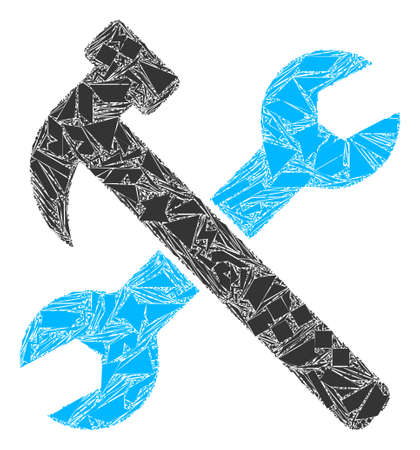 Debris mosaic wrench and hammer icon. Wrench and hammer mosaic icon of shard elements which have various sizes, and positions, and color tints. Vector combination for abstract images.のイラスト素材