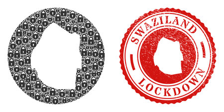 Vector mosaic Swaziland map of locks and grunge LOCKDOWN stamp. Mosaic geographic Swaziland map created as carved shape from round shape with black locks.のイラスト素材