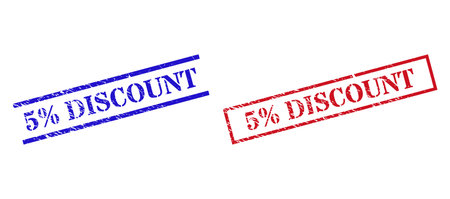Grunge 5% DISCOUNT rubber stamps in red and blue colors. Stamps have rubber style. Vector rubber imitations with 5% DISCOUNT text inside rectangle frame, or parallel lines.のイラスト素材