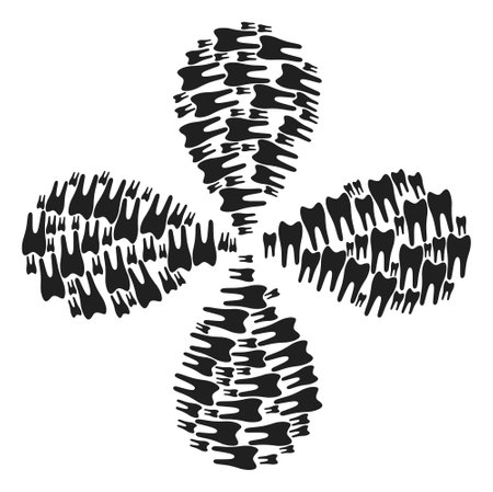 Tooth centrifugal flower shape. Element flower with 4 petals done from oriented tooth symbols. Vector flower collage in flat style.のイラスト素材