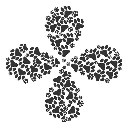 Paw footprint swirl flower shape. Element flower with 4 petals created from oriented paw footprint symbols. Vector flower collage in flat style.のイラスト素材