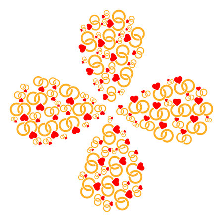 Marriage rings curl flower with four petals. Element flower with 4 petals organized from oriented marriage rings symbols. Vector flower collage in flat style.のイラスト素材