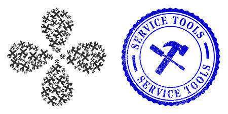 Hammer and wrench twirl twist, and blue round SERVICE TOOLS scratched seal with icon inside. Object flower with 4 petals organized from oriented hammer and wrench symbols.のイラスト素材