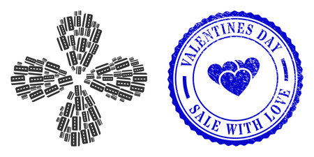 Credit card centrifugal motion, and blue round VALENTINES DAY SALE WITH LOVE unclean watermark with icon inside. Object flower with 4 petals done from oriented credit card symbols.のイラスト素材