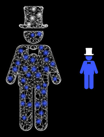 Glossy hatched gentleman with light spots. Linear frame 2D mesh generated from intersected white lines and gentleman icon. White mesh and sparkle frame mesh gentleman on a black background.のイラスト素材