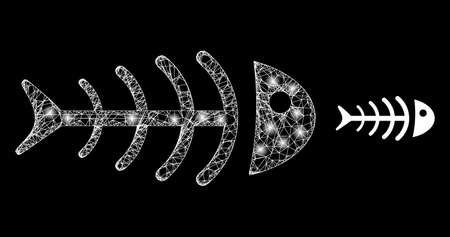 Shiny network dead fish with glowing spots. Wire carcass flat network generated from intersected...