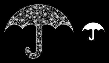Bright mesh umbrella with light spots. Linear carcass 2D mesh generated with crossing white lines and umbrella icon. White mesh and sparkle carcass mesh umbrella on a black background.のイラスト素材