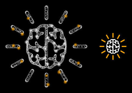 Glowing mesh mind light with glowing spots. Wire frame flat mesh generated from crossed white lines and mind light icon. White mesh and sparkle frame mesh mind light on a black background.のイラスト素材