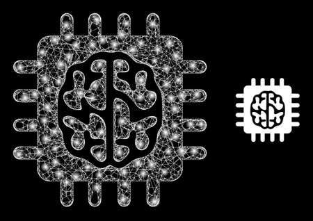 Glossy net brain chip with lightspots. Linear carcass 2D mesh generated from crossing white lines and brain chip icon. White mesh and sparkle carcass mesh brain chip on a black background.のイラスト素材
