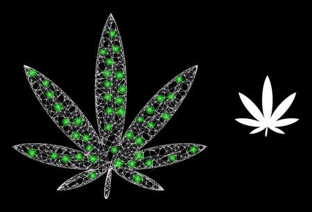 Bright mesh cannabis with light spots. Linear frame 2D mesh generated with crossed white lines and cannabis icon. White mesh and sparkle frame polygonal cannabis on a black background.のイラスト素材