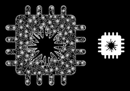 Flare web infected chip with glowing spots. Linear frame 2D mesh generated with crossed white lines and infected chip icon. White mesh and sparkle frame polygonal infected chip on a black background.のイラスト素材