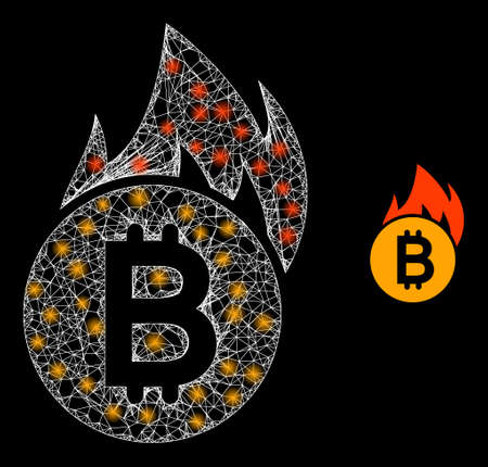 Glowing hatched burn bitcoin with glowing spots. Wire frame 2D mesh generated with crossing white lines and burn bitcoin icon.のイラスト素材