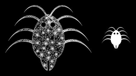 Bright web model parasite with light spots. Linear frame flat mesh generated with crossed white lines and parasite icon. White mesh and sparkle frame polygonal parasite on a black background.のイラスト素材