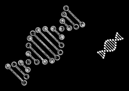 Shiny web model DNA molecule with light spots. Wire frame flat mesh generated with intersected white lines and DNA molecule icon.のイラスト素材