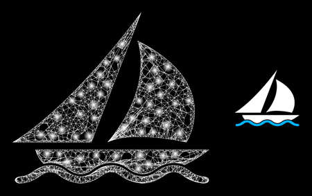 Glossy mesh sailing with glowing spots. Wire carcass flat mesh generated from intersected white lines and sailing icon. White mesh and sparkle carcass polygonal sailing on a black background.のイラスト素材