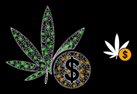 Flare hatched cannabis investing with glowing spots. Linear carcass 2D network generated with intersected white lines and cannabis investing icon.のイラスト素材