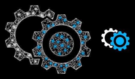 Flare web model gears with glowing spots. Linear carcass flat mesh generated with crossed white lines and gears icon. White mesh and sparkle carcass polygonal gears on a black background.のイラスト素材
