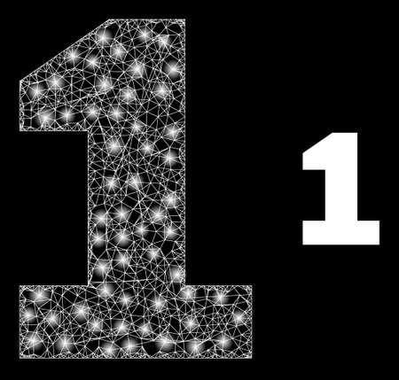 Glossy web digit one with glowing spots. Linear carcass flat mesh generated with crossed white lines and digit one icon. White mesh and sparkle carcass mesh digit one on a black background.のイラスト素材
