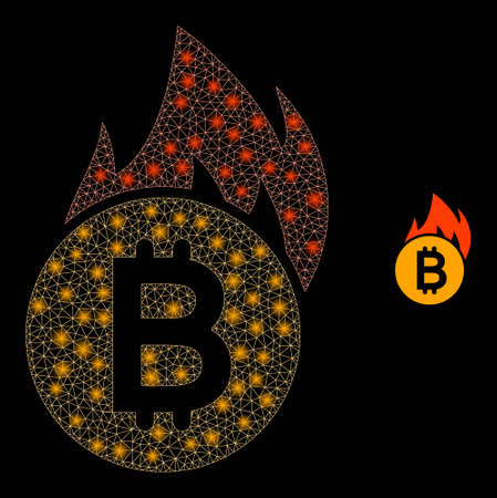 Constellation mesh burn bitcoin with glowing spots. Vector frame based on burn bitcoin icon. Bright frame polygonal burn bitcoin on a black background.のイラスト素材