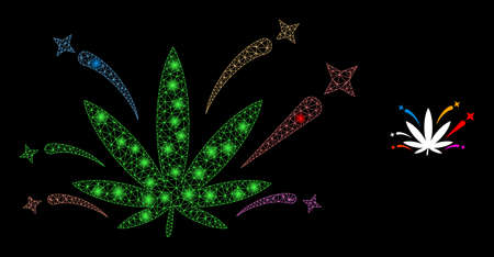 Bright mesh cannabis euphoria with lightspots. Vector carcass based on cannabis euphoria icon. Sparkle carcass mesh cannabis euphoria on a black background.のイラスト素材