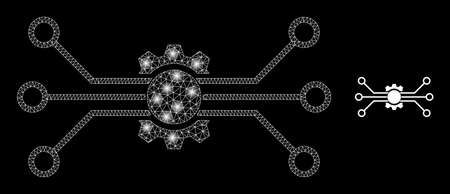 Flare net digital tech with glowing spots. Vector model based on digital tech icon. Flare frame mesh digital tech on a black background.のイラスト素材