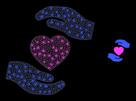 Sparkle net favourite heart care hands with glowing spots. Vector frame based on favourite heart care hands icon. Sparkle frame polygonal favourite heart care hands on a black background.のイラスト素材