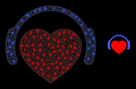 Constellation mesh romantic heart DJ with glowing spots. Vector constellation created from romantic heart DJ icon. Constellation carcass polygonal romantic heart DJ on a black background.のイラスト素材