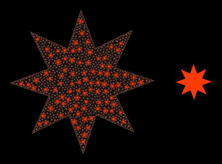 Flare mesh eight pointed star with glowing spots. Vector constellation based on eight pointed star icon. Glowing carcass mesh eight pointed star on a black background.のイラスト素材