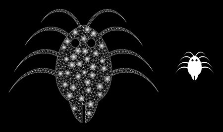 Glowing mesh parasite with glowing spots. Vector grid based on parasite icon. Glowing frame mesh parasite on a black background.のイラスト素材
