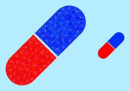 lowpoly medical pill icon on a sky blue background. Polygonal medical pill vector constructed of scattered triangles. Triangulated medical pill polygonal symbol illustration.のイラスト素材
