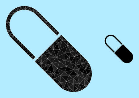 lowpoly medical capsule icon on a sky blue background. Polygonal medical capsule vector is filled with random triangles. Triangulated medical capsule polygonal icon illustration.のイラスト素材
