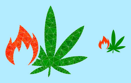 lowpoly hot cannabis icon on a light blue background. Polygonal hot cannabis vector constructed from chaotic triangles. Triangulated hot cannabis polygonal icon illustration.のイラスト素材
