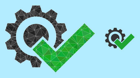 lowpoly valid gear icon on a sky blue background. Polygonal valid gear vector is filled with randomized triangles. Triangulated valid gear polygonal icon illustration.のイラスト素材