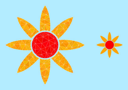 lowpoly sun shine icon on a light blue background. Polygonal sun shine vector is designed from chaotic triangles. Triangulated sun shine polygonal symbol illustration.のイラスト素材