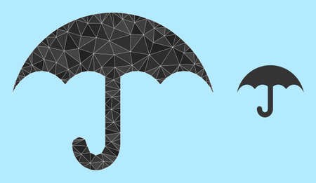 Low-poly umbrella icon on a light blue background. Polygonal umbrella vector constructed with random triangles. Triangulated umbrella polygonal icon illustration.のイラスト素材