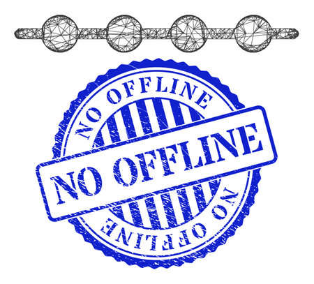 Vector net connected dots line frame, and No Offline blue rosette rubber seal imitation. Linear carcass net image designed with connected dots line icon, generated with crossing lines.のイラスト素材