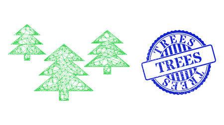 Vector crossing mesh fir tree forest frame, and Trees blue rosette scratched seal. Crossed carcass net image created from fir tree forest pictogram, is created from crossing lines.のイラスト素材