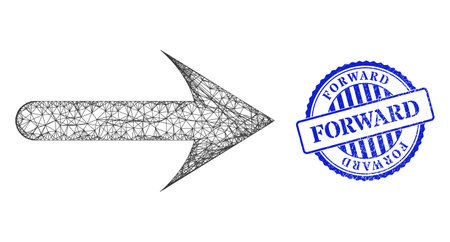 Vector net mesh forward arrow framework, and Forward blue rosette rubber stamp seal. Crossed carcass net symbol based on forward arrow pictogram, made with crossing lines.のイラスト素材