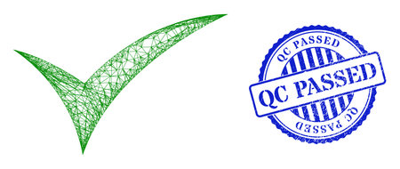 Vector network apply frame, and Qc Passed blue rosette textured badge. Crossed frame network image designed with apply pictogram, created with intersected lines.のイラスト素材